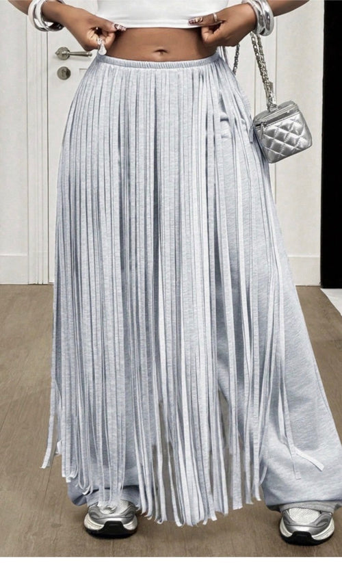 FRINGE OVERLAY WIDE LEG PANTS- GRAY