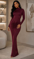 Dramatic Ruched Waist Detail High Neck- BURGUNDY