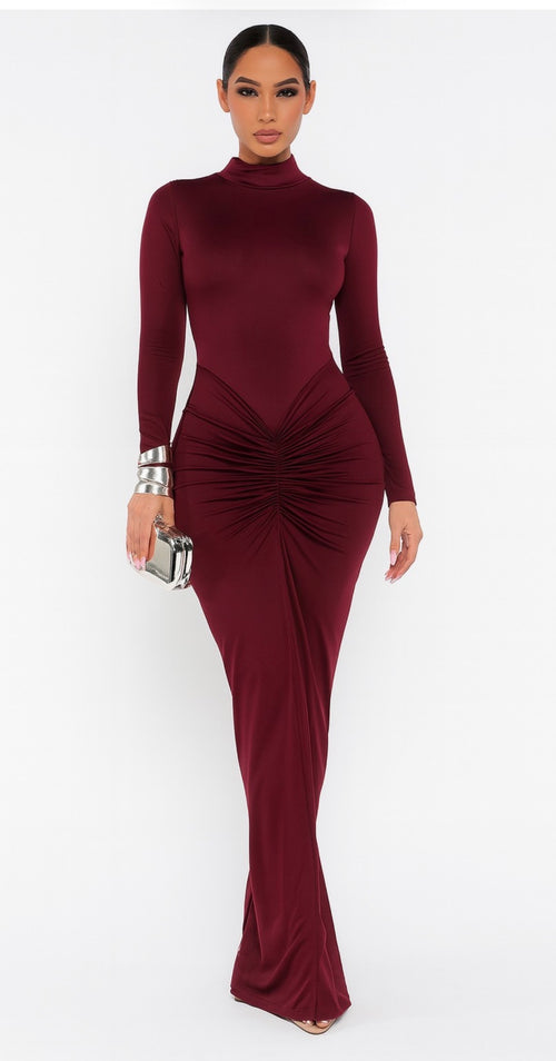 Dramatic Ruched Waist Detail High Neck- BURGUNDY